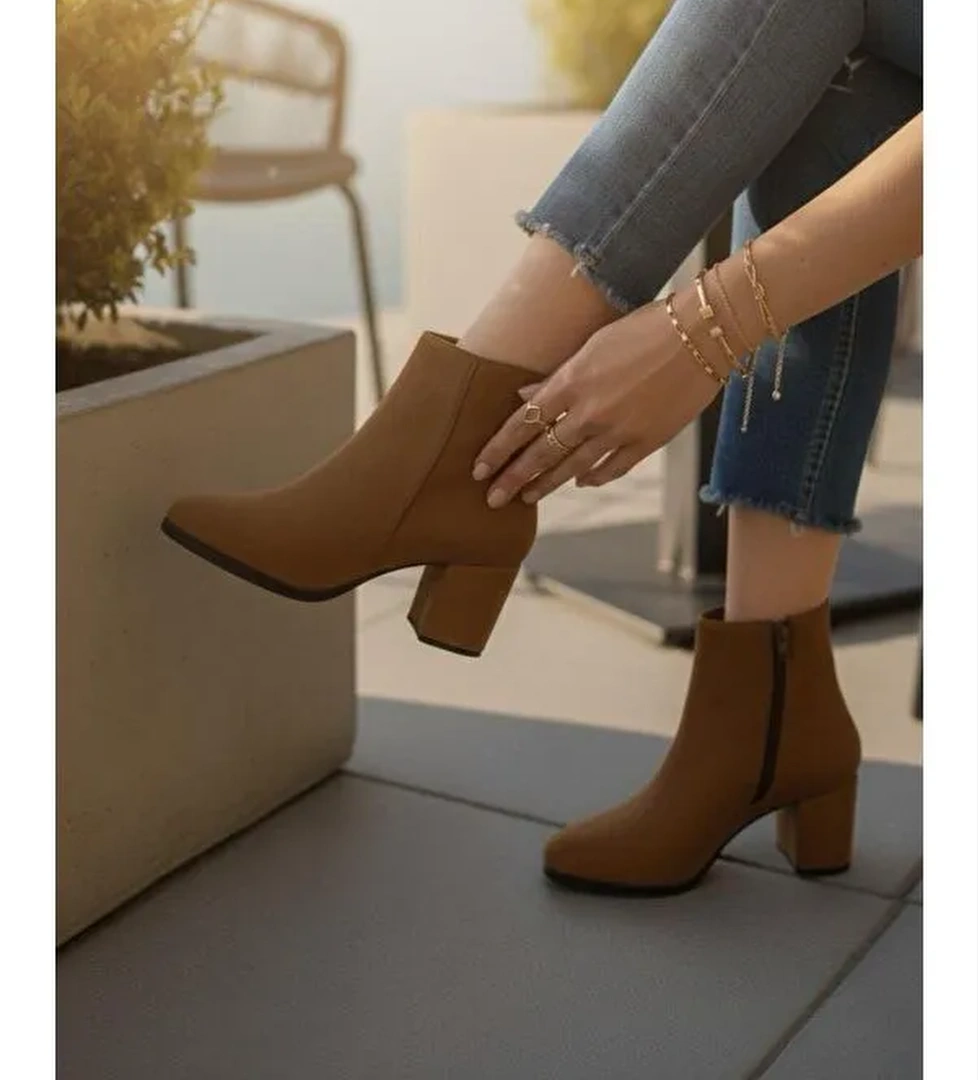 Kadın Liva Taba Süet Düz Topuklu Kısa Bot