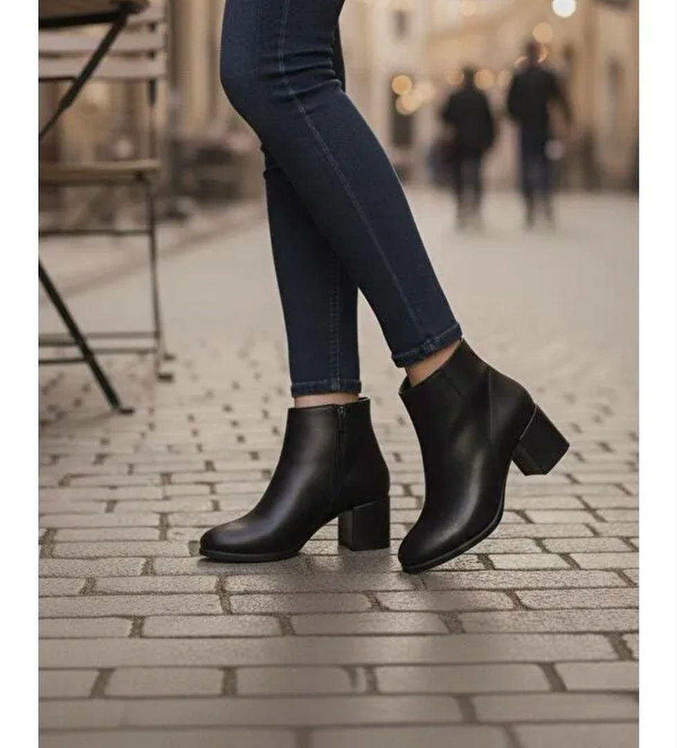 Kadın Liva Siyah Cilt Düz Topuklu Kısa Bot