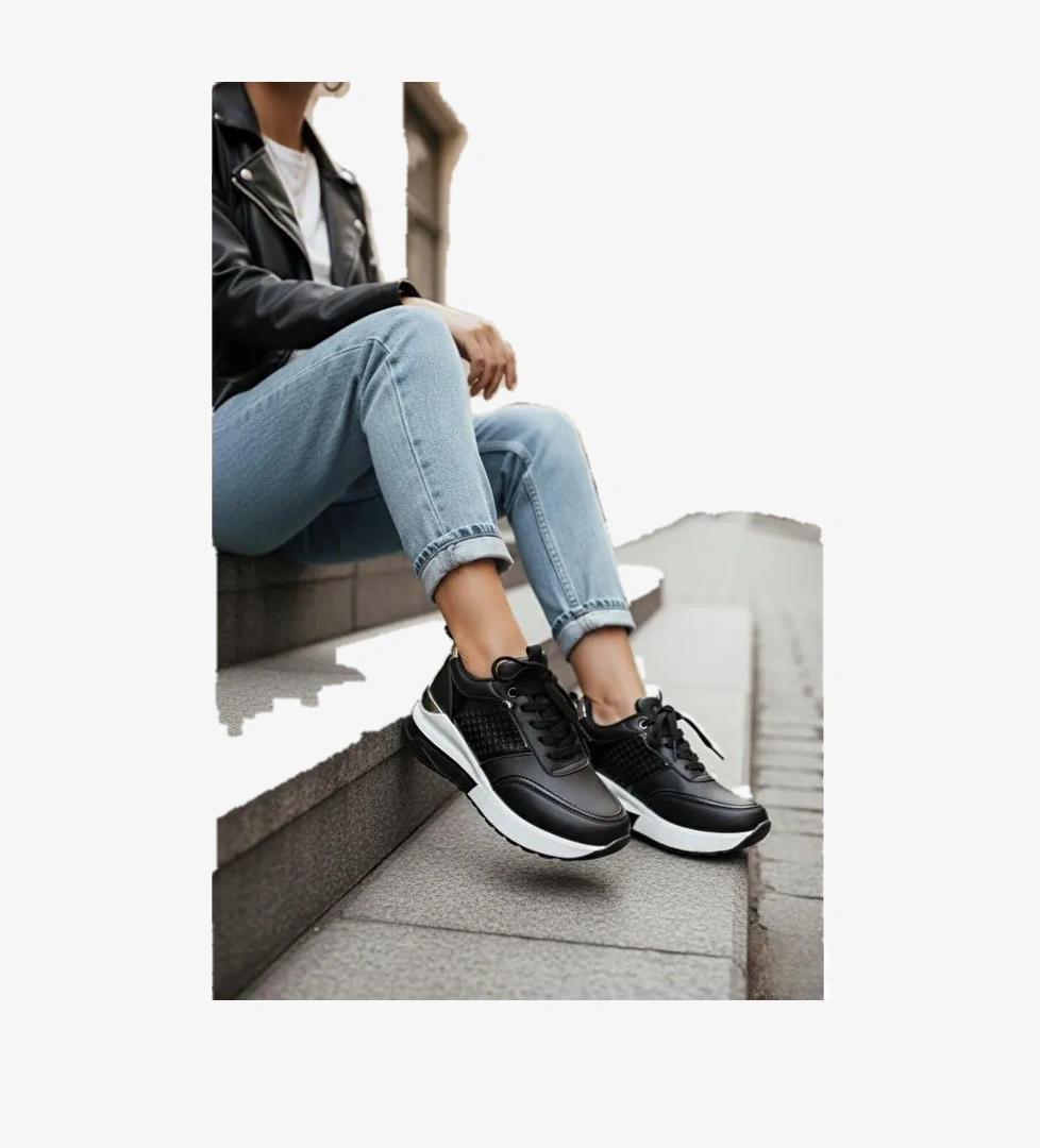 Kadın Rowan Gizli Topuk Yüksek Taban Siyah Spor Ayakkabı