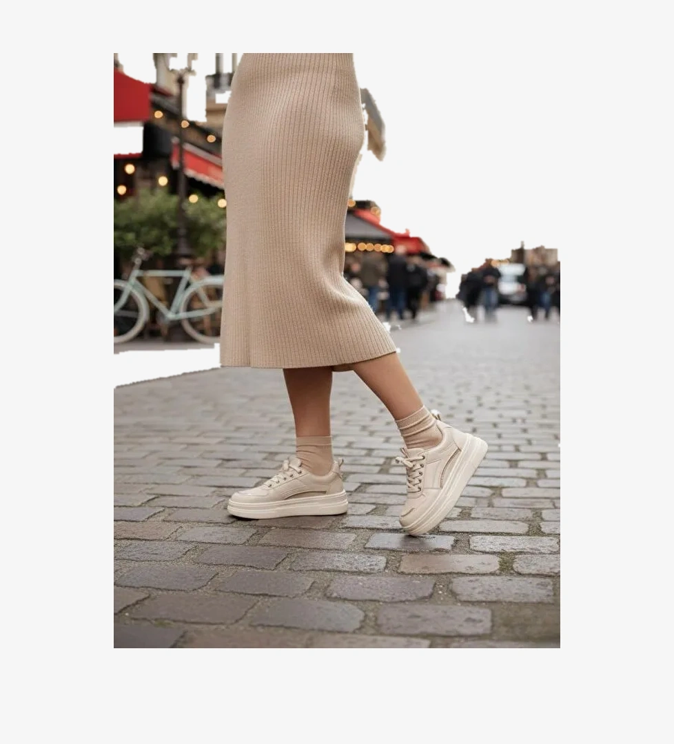 Garantili Elinda Bej Günlük Ortopedik Kadın Sneaker Spor Ayakkabı - Görsel 1