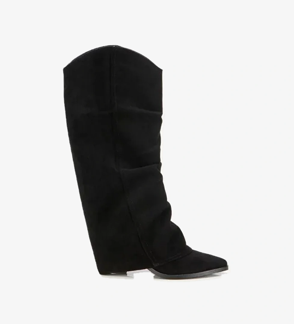 Kadın Süet Siyah Dikiş Detaylı Western Kalın Topuklu Çizme - Görsel 1