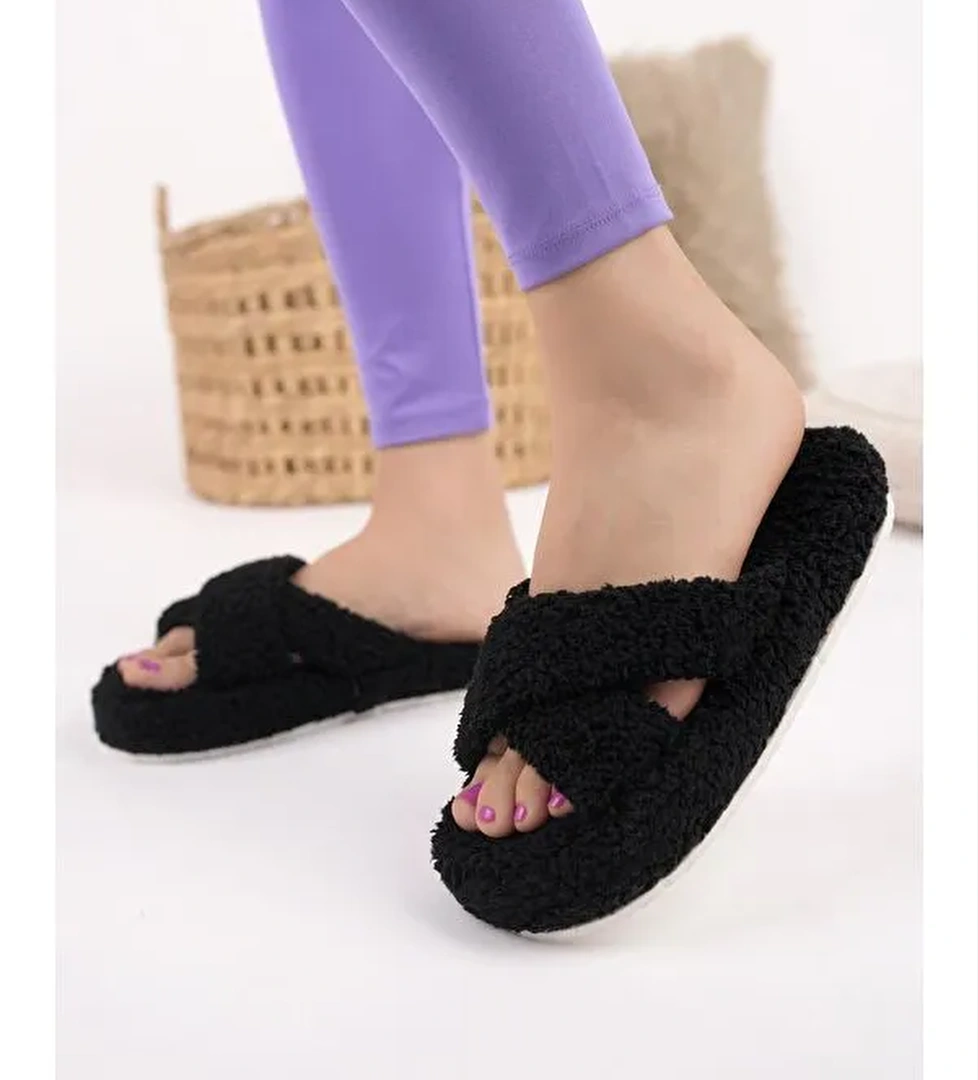 HAVLU Çapraz Kadın Ev Terliği Kışlık Terlik Ses Yapmaz