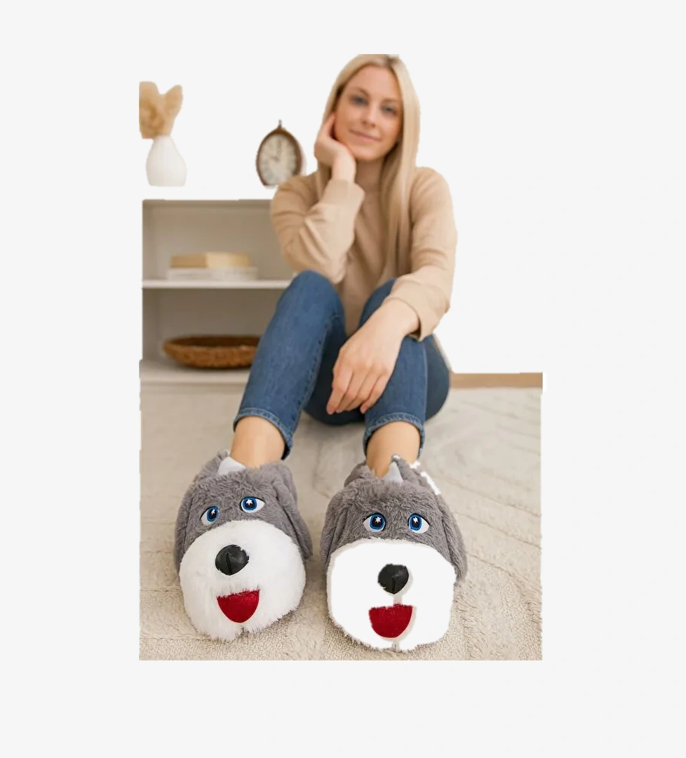 KÖPEKLİ Pelüş Unisex Hayvanlı Panduf Ev Ayakkabısı Pufidik - Görsel 1