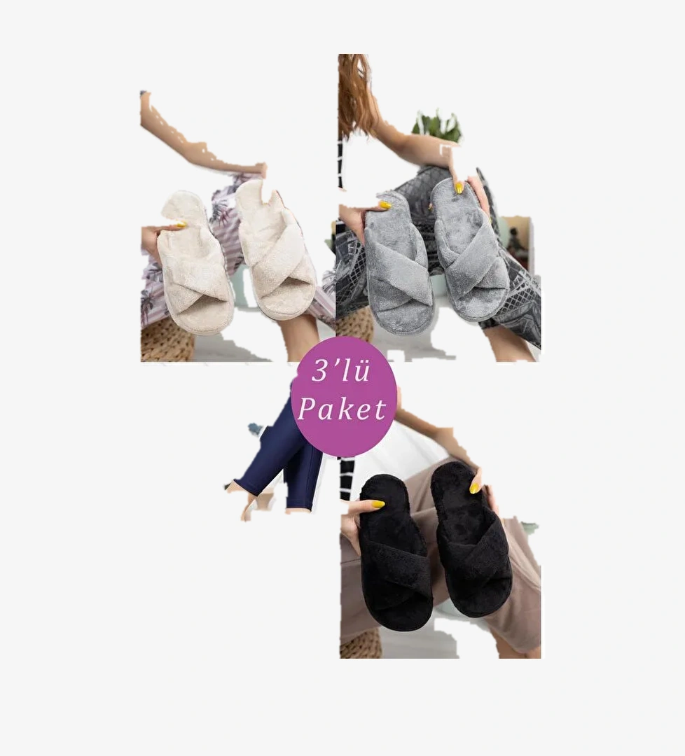 3'lü Paket Çapraz Kadın Terlik Ev Terliği - Görsel 1