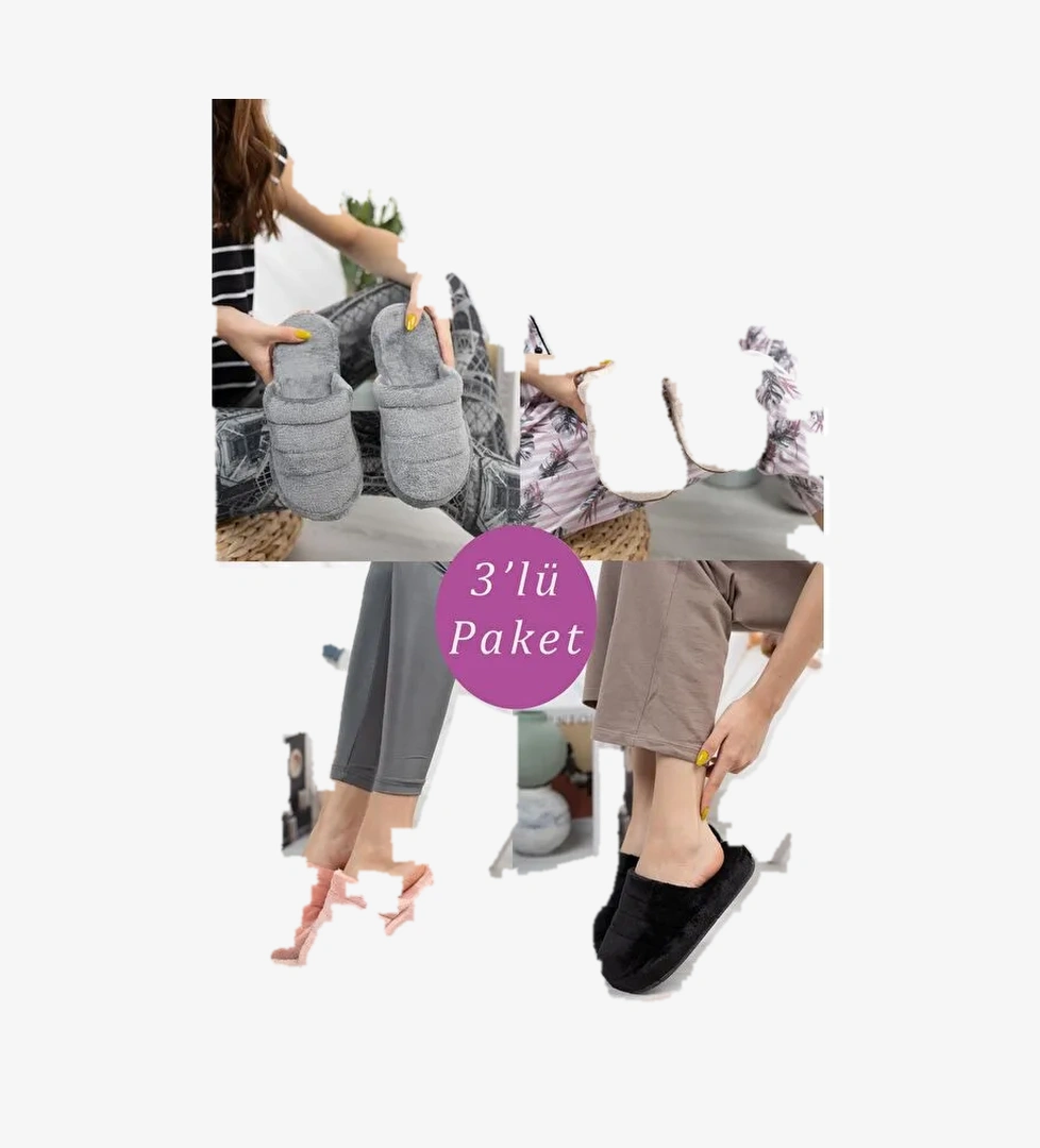 3'lü Paket Kapalı Kadın Terlik Ev Terliği - Görsel 1
