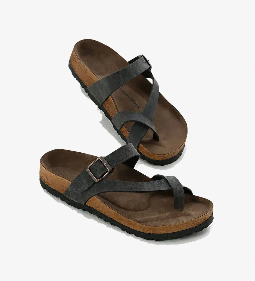 Tonny Black Siyah Tonny Black Rahat Kalip Kadın Poli Taban Çapraz Model Nubuk Parmak Arası Terlik