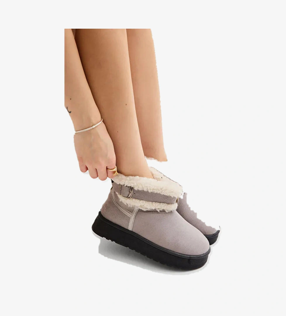 Tonny Black Gri Tonny Black Kalin Poli Kadın Taban Kürk Detaylı Süet Görünümlü Günlük Bot