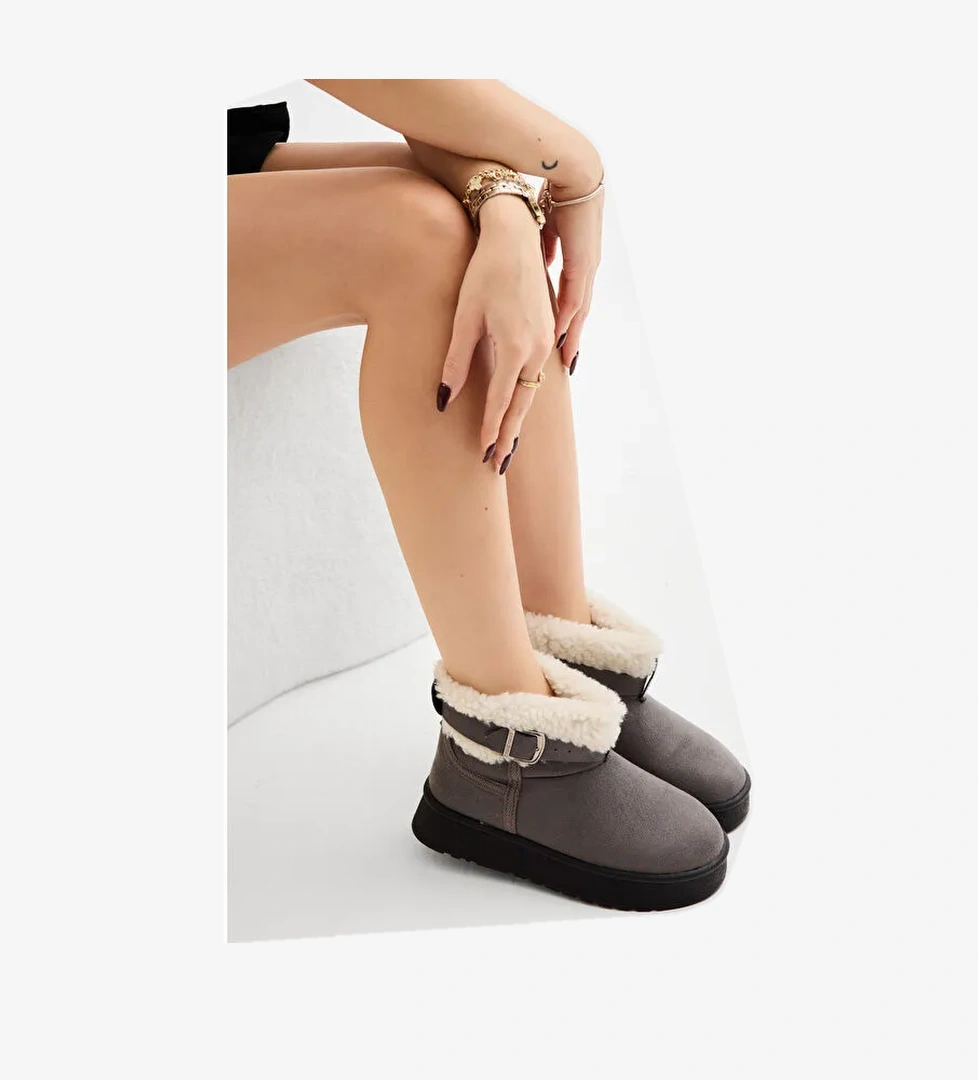 Tonny Black Gri Tonny Black Kalin Poli Kadın Taban Kürk Detaylı Süet Görünümlü Günlük Bot