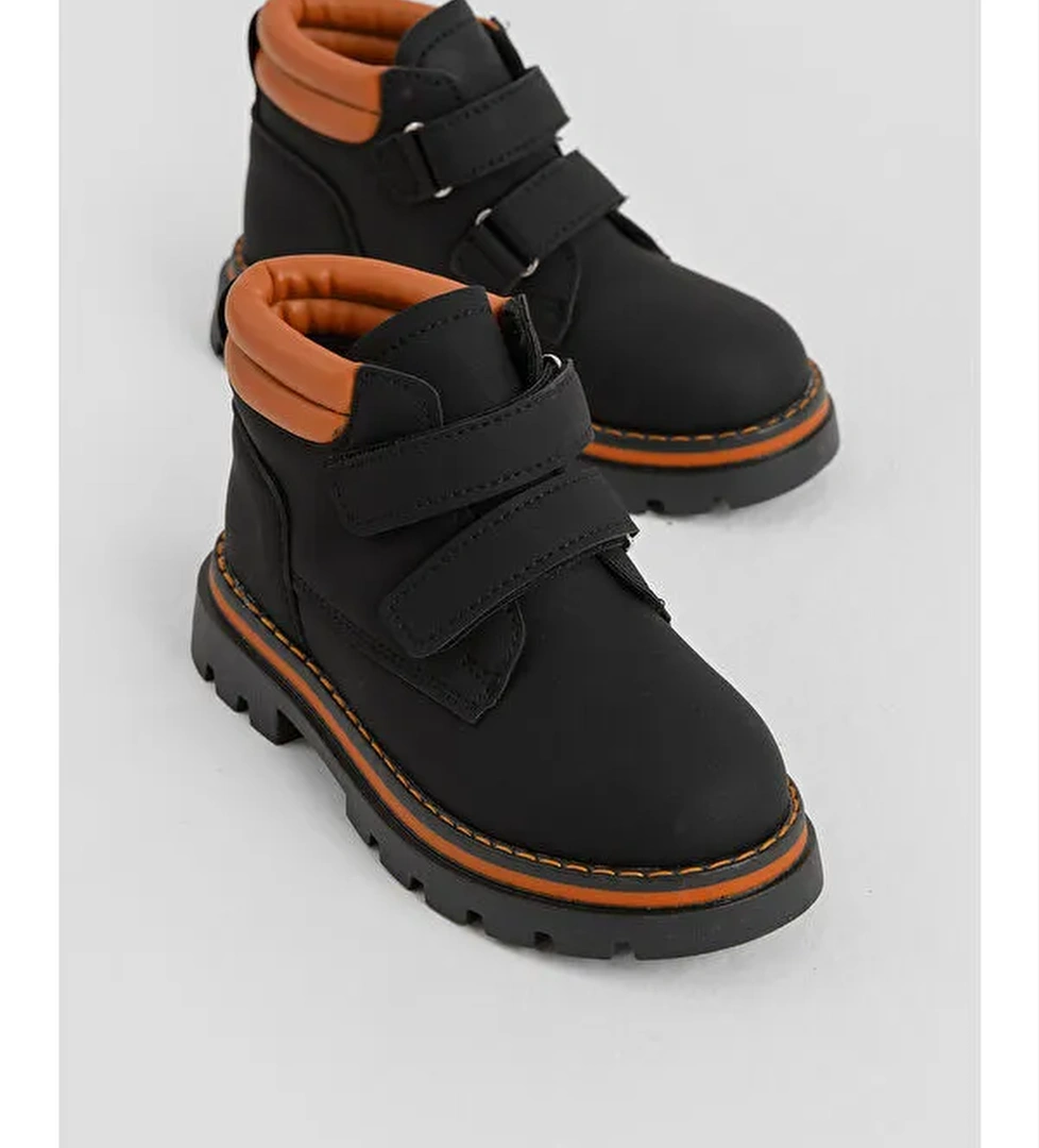 Cocuk Unisex Siyah Turuncu Kalin Termo Taban Sicak Astarli Cift Cirtli Bot