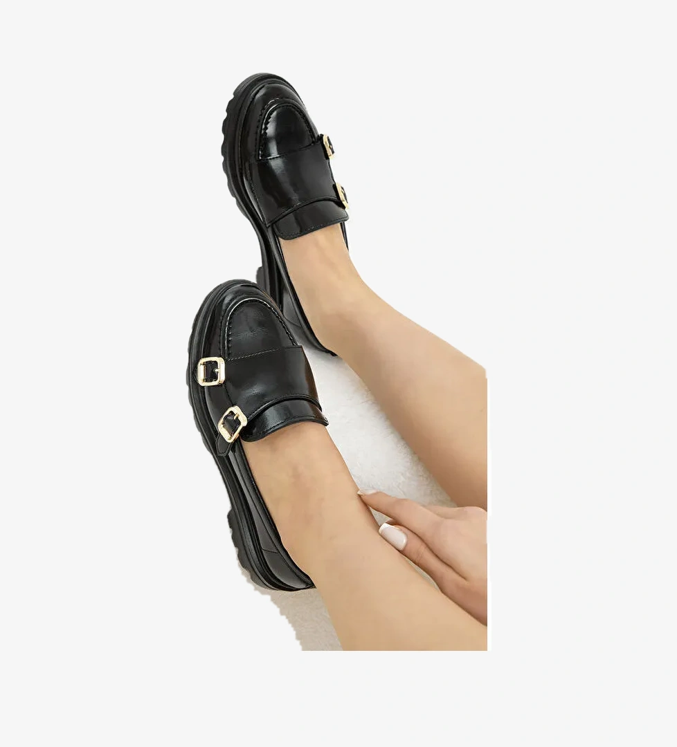 Tonny Black Siyah Tonny Black Kalin Poli Kadın Taban Çift Tokalı Günlük Loafer