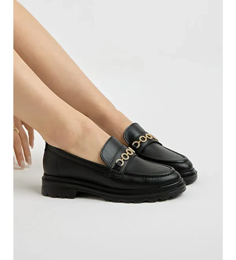 Tonny Black Siyah Tonny Black Kalin Poli Kadın Taban Zincir Aksesuarlı Günlük Loafer
