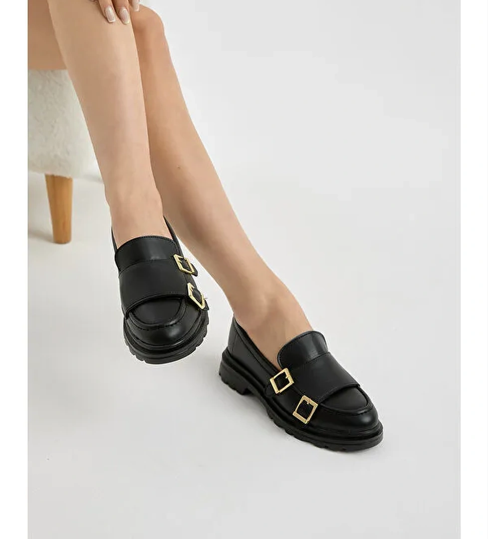 Tonny Black Siyah Tonny Black Kalin Poli Kadın Taban Çift Tokalı Günlük Loafer