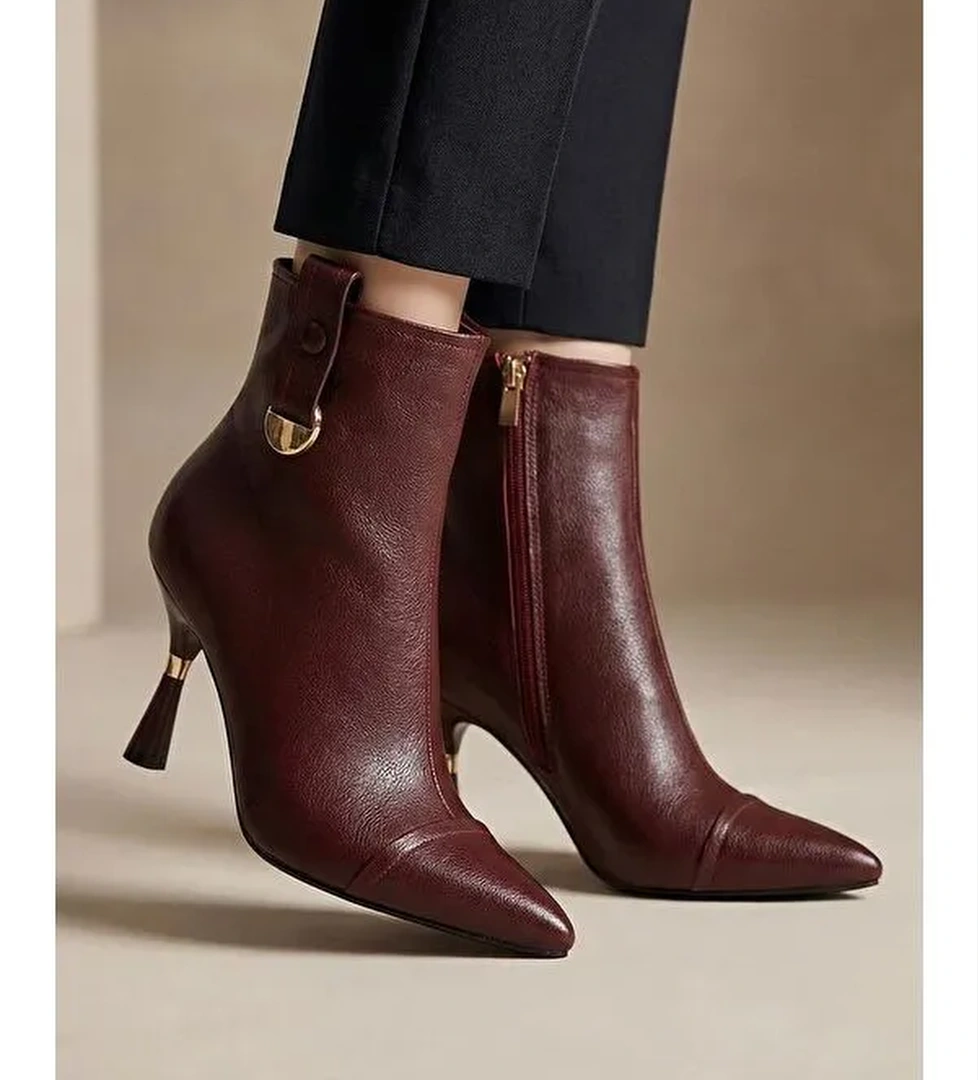 Yaya By Hotiç Bordo Yaya By Hotiç Yaya By Kadın Dikiş Detaylı Gold Detaylı Tokalı İnce Topuklu Bot