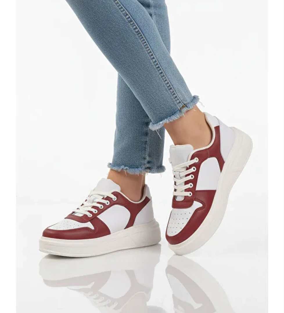 Beyaz Bordo Bagcikli Cilt Hafif Unisex Sneaker Aper 049 G