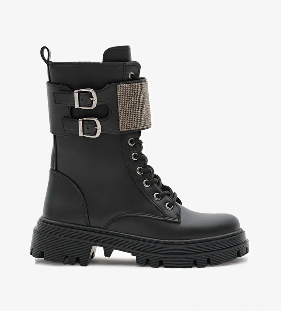 Tonny Black Siyah Tonny Black Cilt Termo Kadın Taban Yanı Çift Tokalı Taşlı Bağcıklı ve Fermuarlı Bot