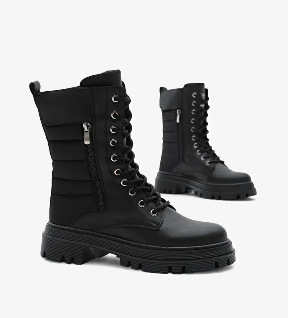 Tonny Black Siyah Tonny Black Cilt Termo Kadın Taban Nakışlı Dilim Desenli Cırtlı Bağcıklı ve Fermuarlı Bot