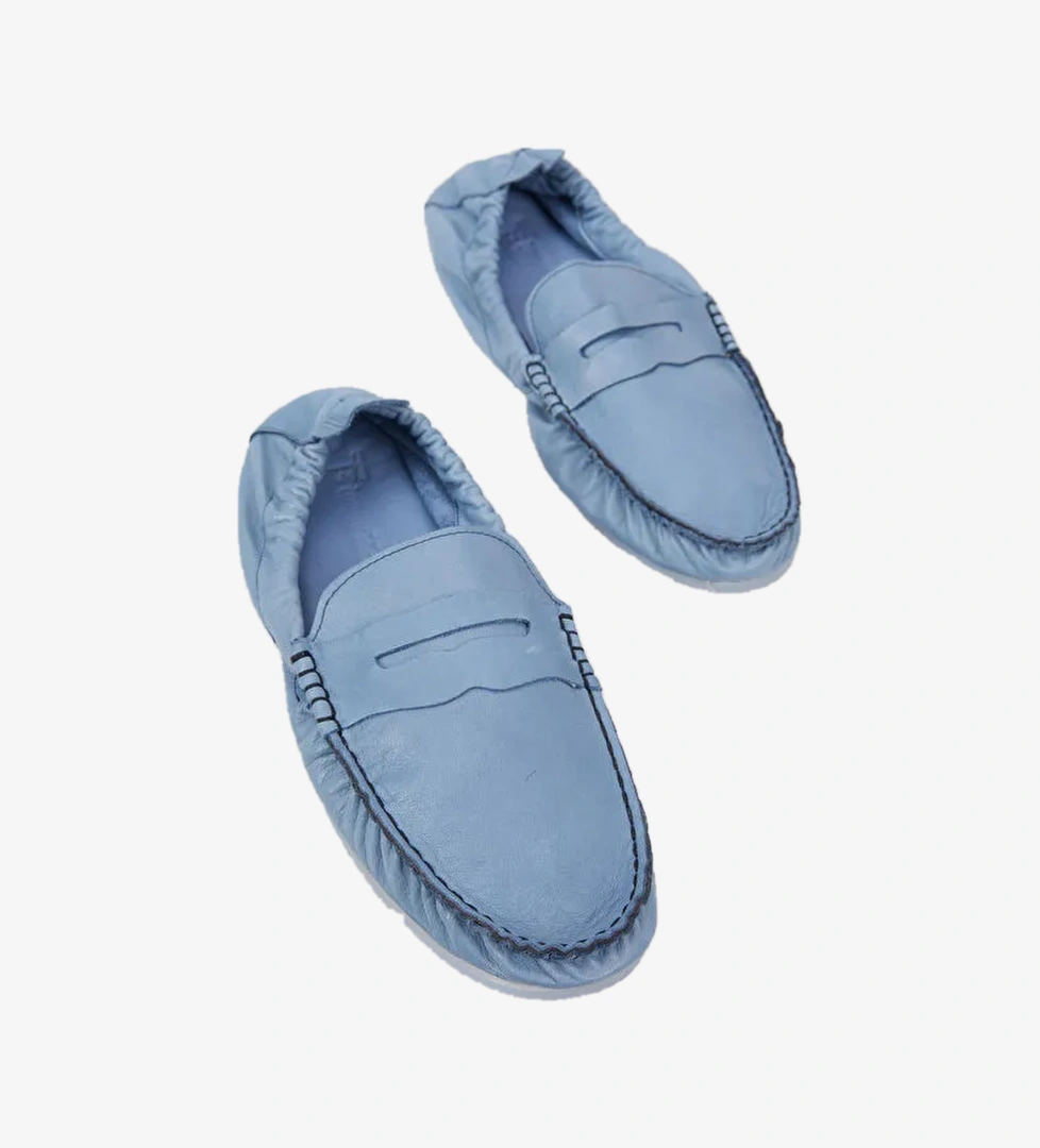 Erkek Mavi Arkasi Lastikli Rahat Kalip Hakiki Deri Loafer
