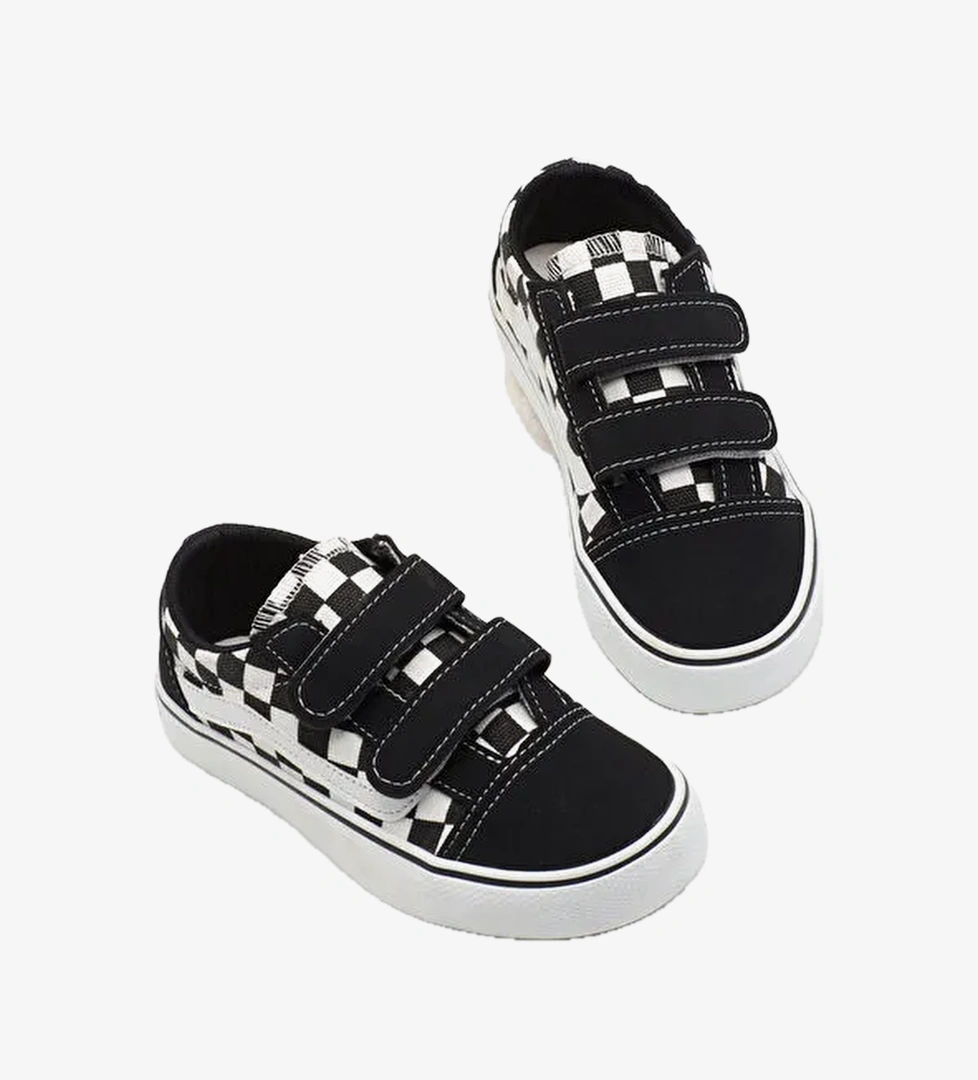 Cocuk Unisex Siyah Ekose Kaucuk Taban Rahat Kalip Cift Cirtli Ayakkabi