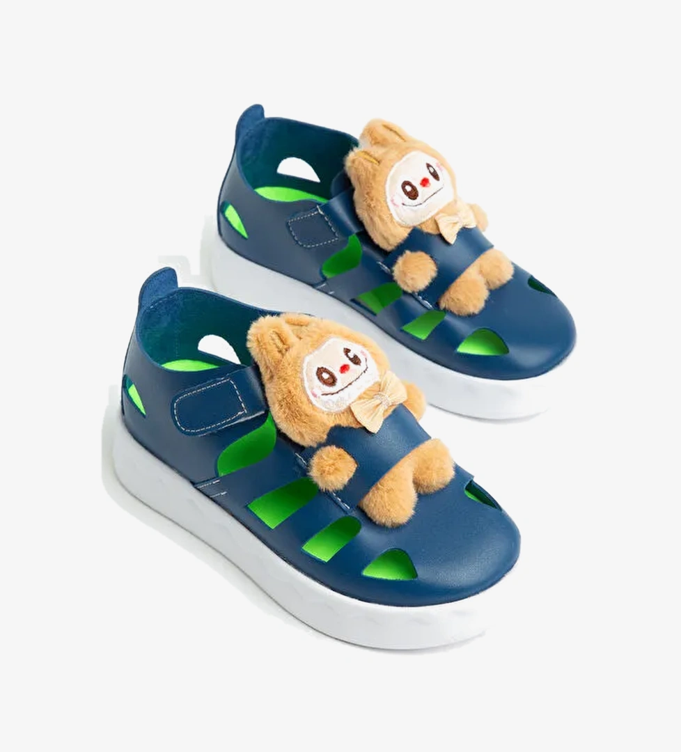 Cocuk Unisex Lacivert Hafif Taban Ayicik Detayli Cirtli Sandalet