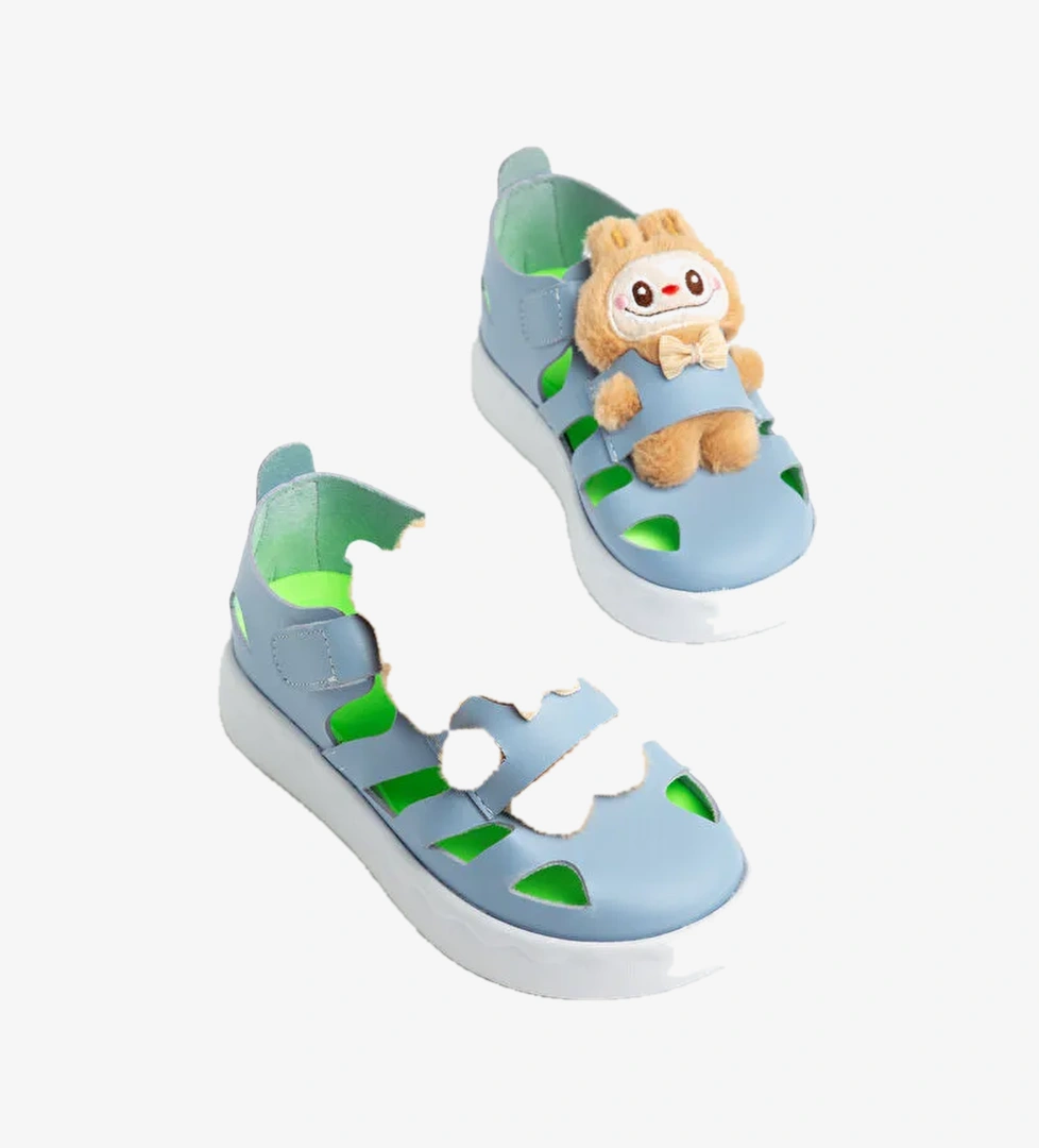 Cocuk Unisex Acik Mavi Hafif Taban Ayicik Detayli Cirtli Sandalet