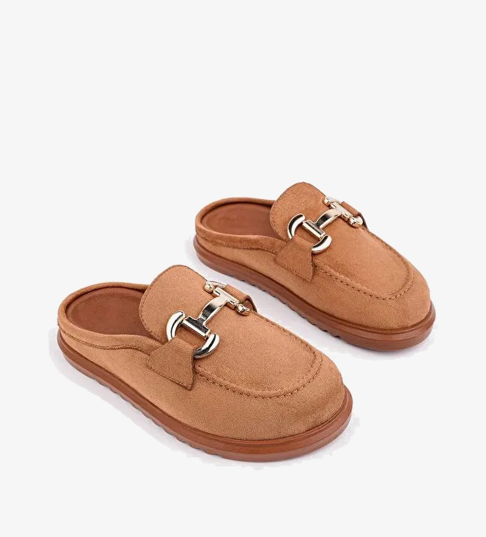 CARLEEN Suet Deri Gold Tokali Gunluk Rahat Onu Kapali Kadin Loafer Terlik