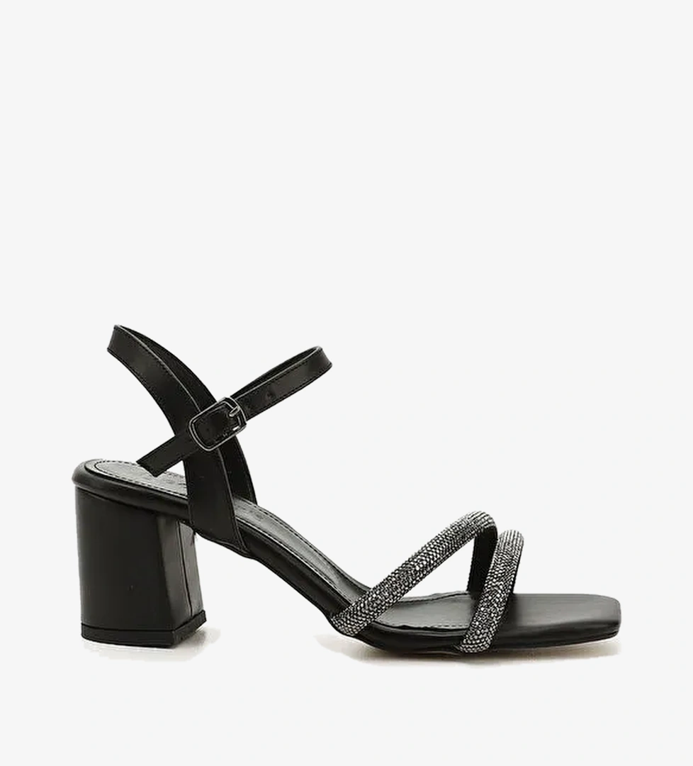 Kadin SIYAH-TAS Bilekten Bagli Orta Kalin Topuklu Cift Bantli Sandalet