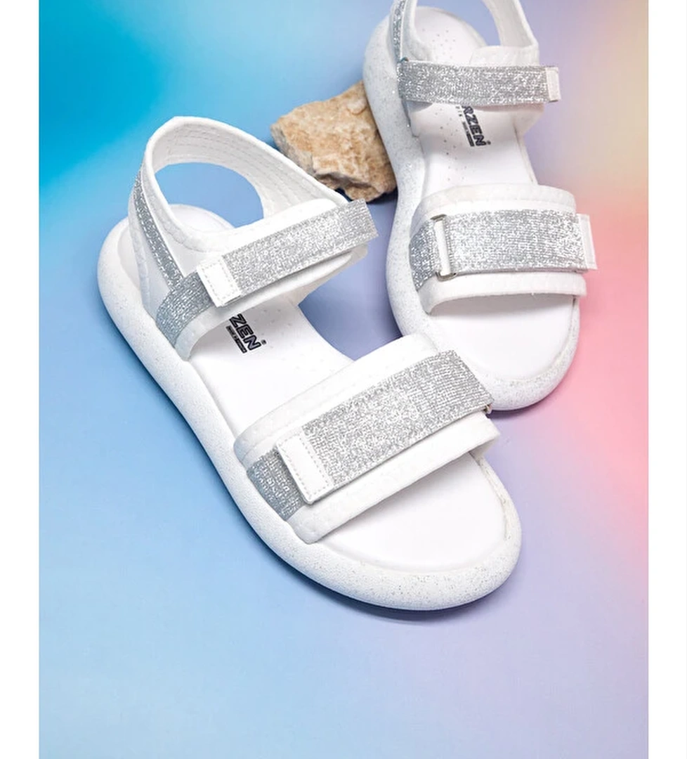 Cocuk Unisex Beyaz Gumus Simli Cocuk Cift Cirtli Simli Sandalet