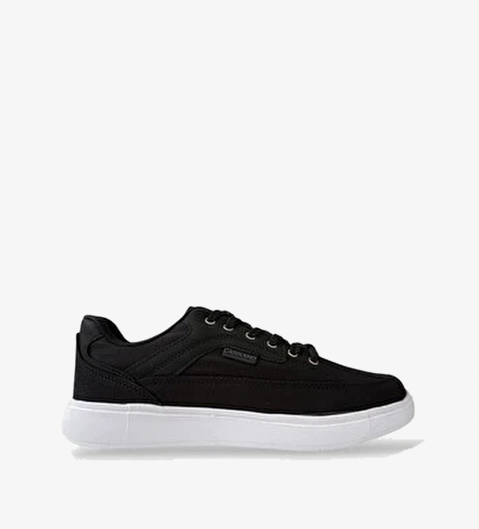 Erkek Keten Gabardin Kumas Gunluk Sneaker Ayakkabi SIyah - Beyaz