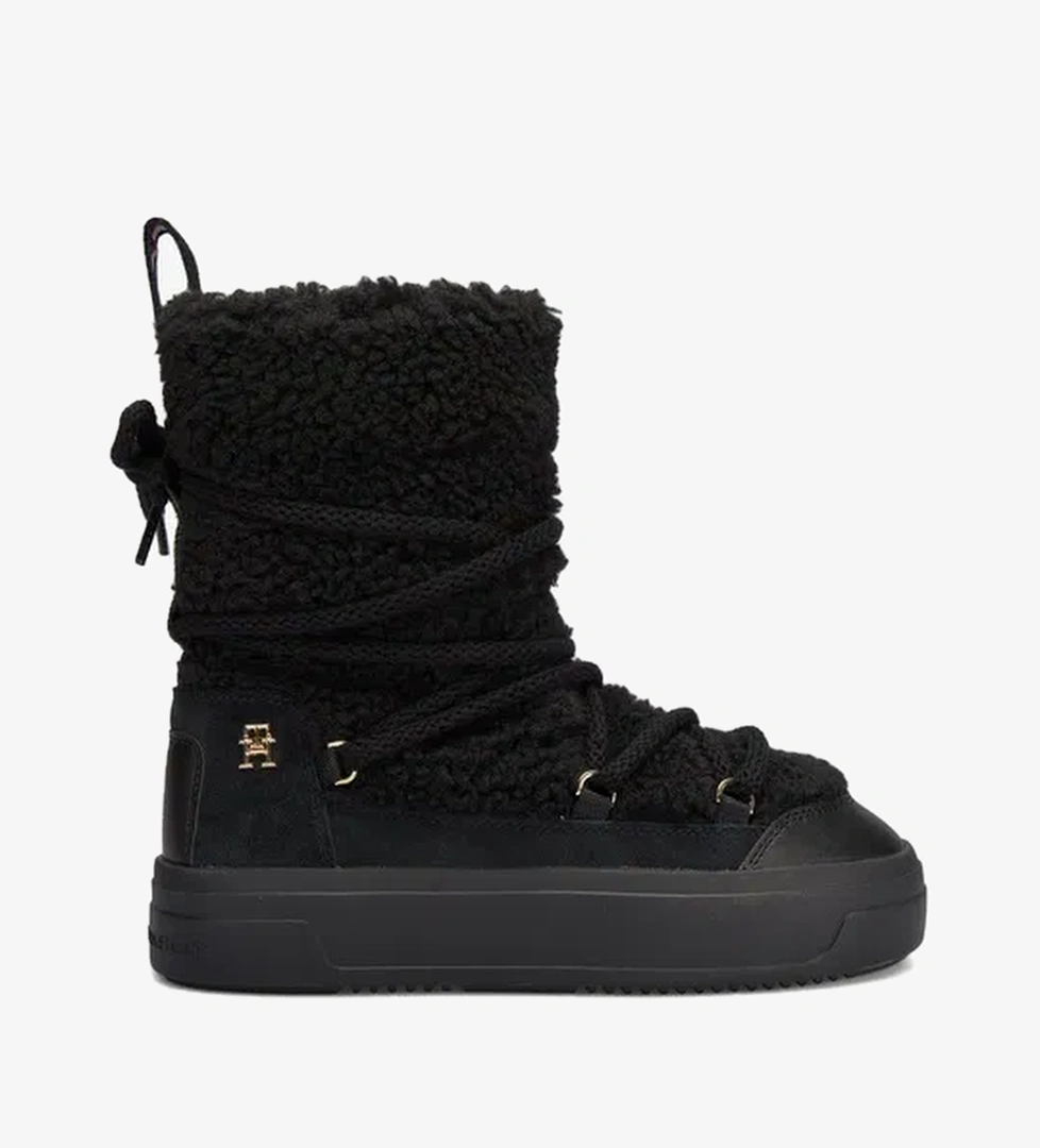 Tommy Hilfiger Lace-Up Faux Shearling Kadın Siyah Bot