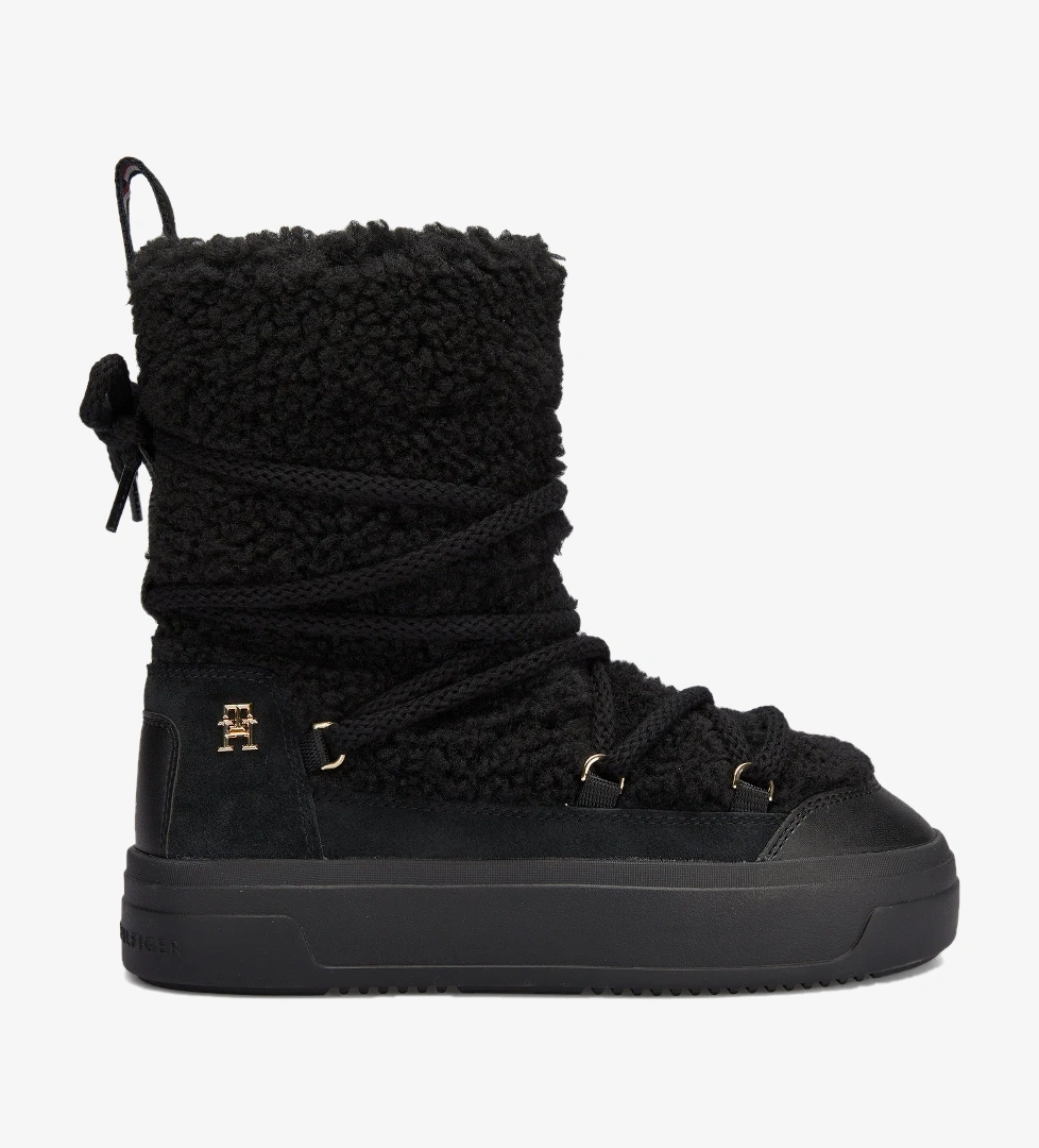 Tommy Hilfiger Lace-Up Faux Shearling Kadın Siyah Bot